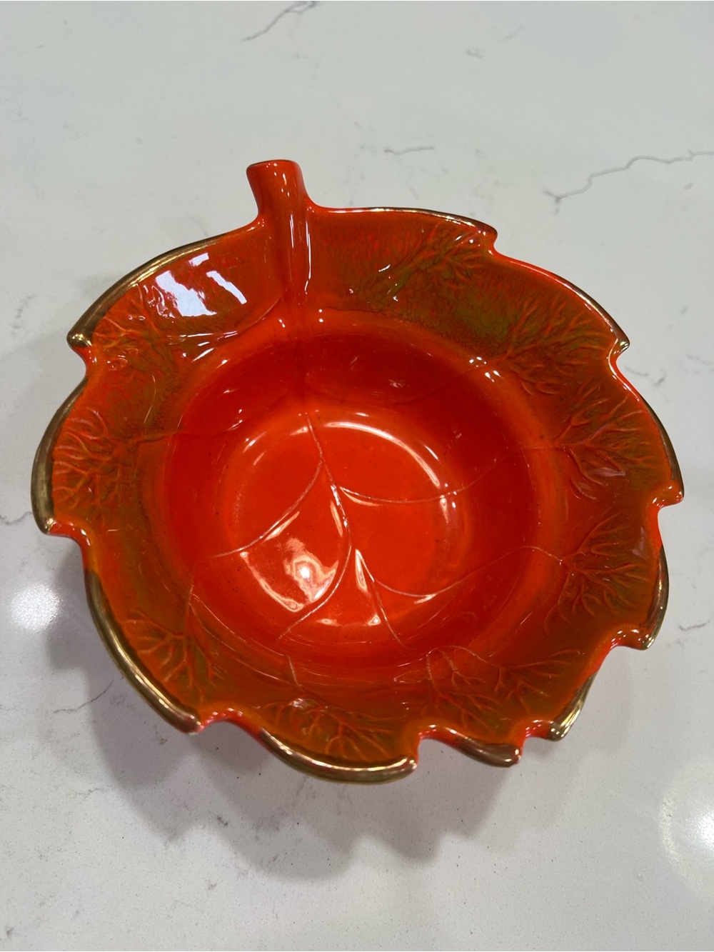 Vintage Leaf-Shaped Ceramic Dish in Bright Orange with Gold Trim